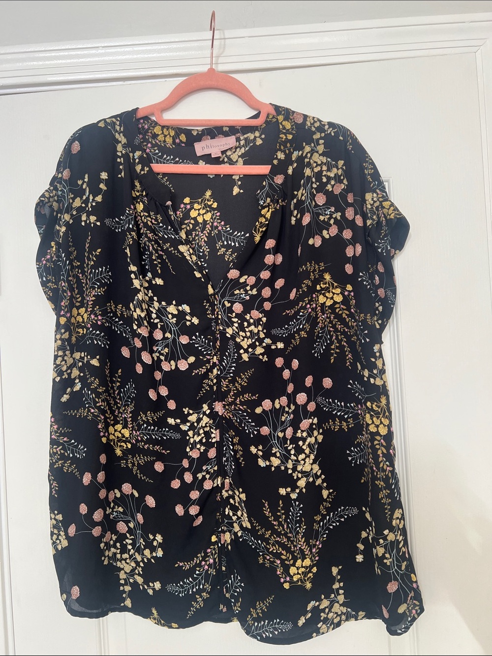 Philosophy Black Floral V-Neck Blouse with Pink & Yellow Accents